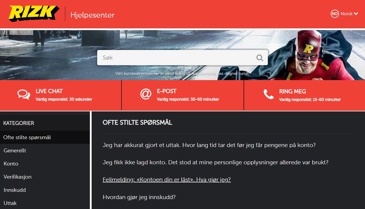 rizk customer support norsk