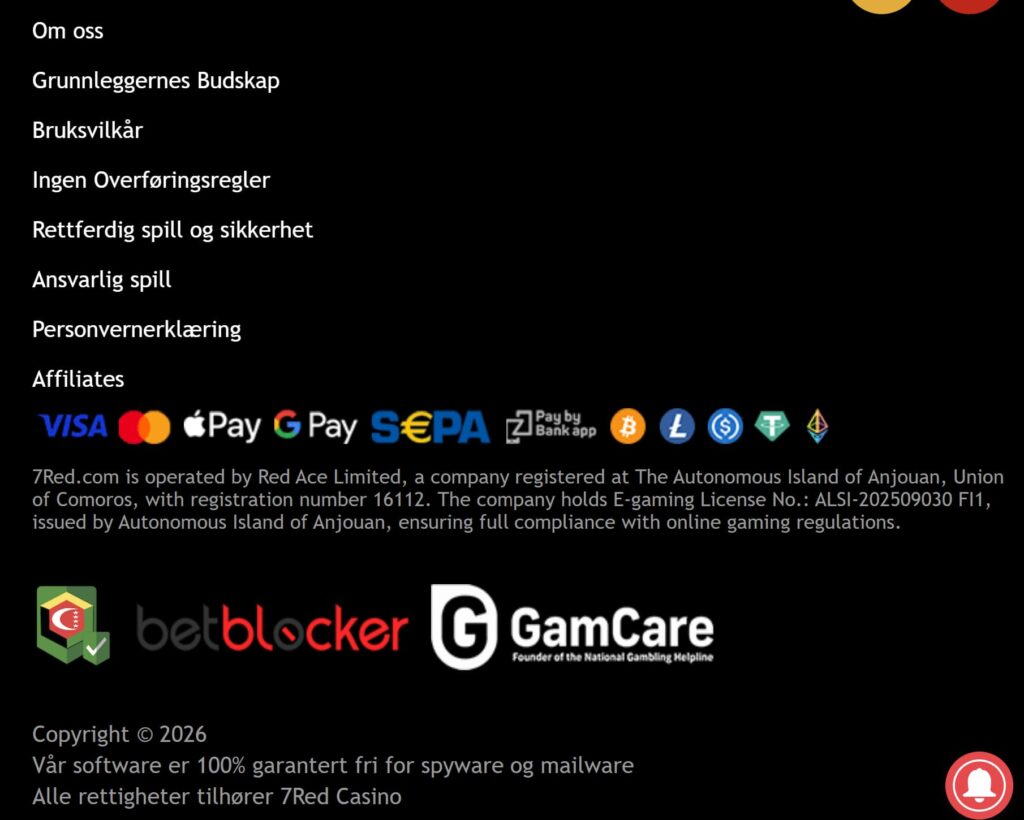 7Red med Gamcare og garantert fri for spyware og mallware.