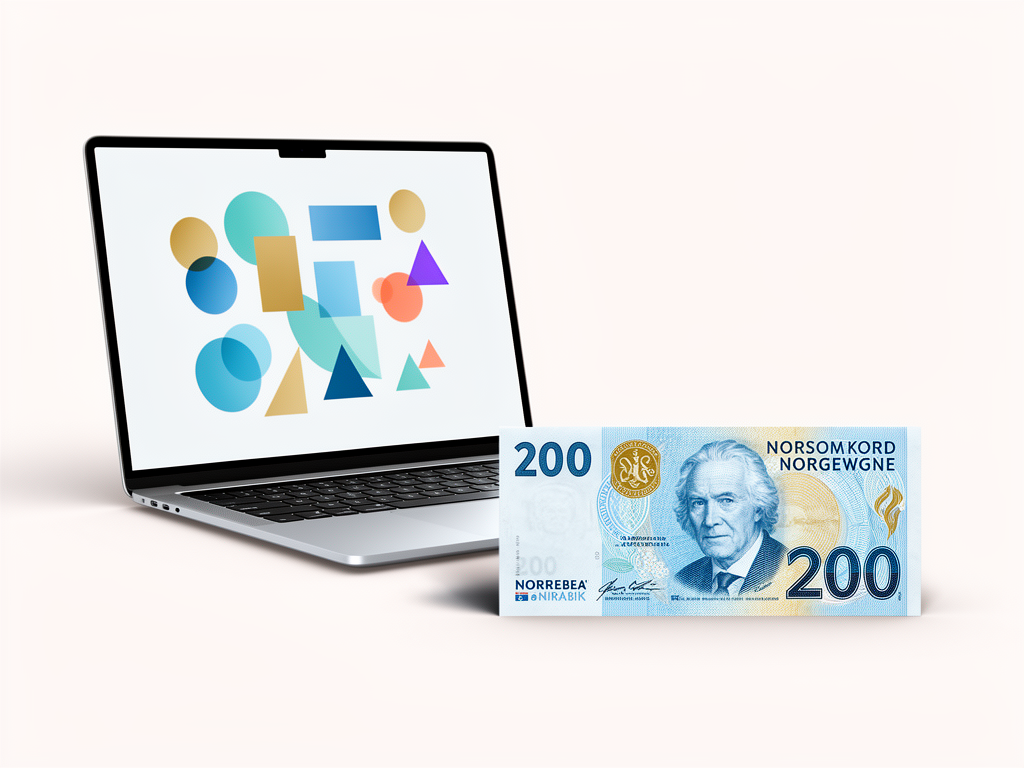 Illustrasjon av 200 kroner seddel og laptop for nettcasino innskudd